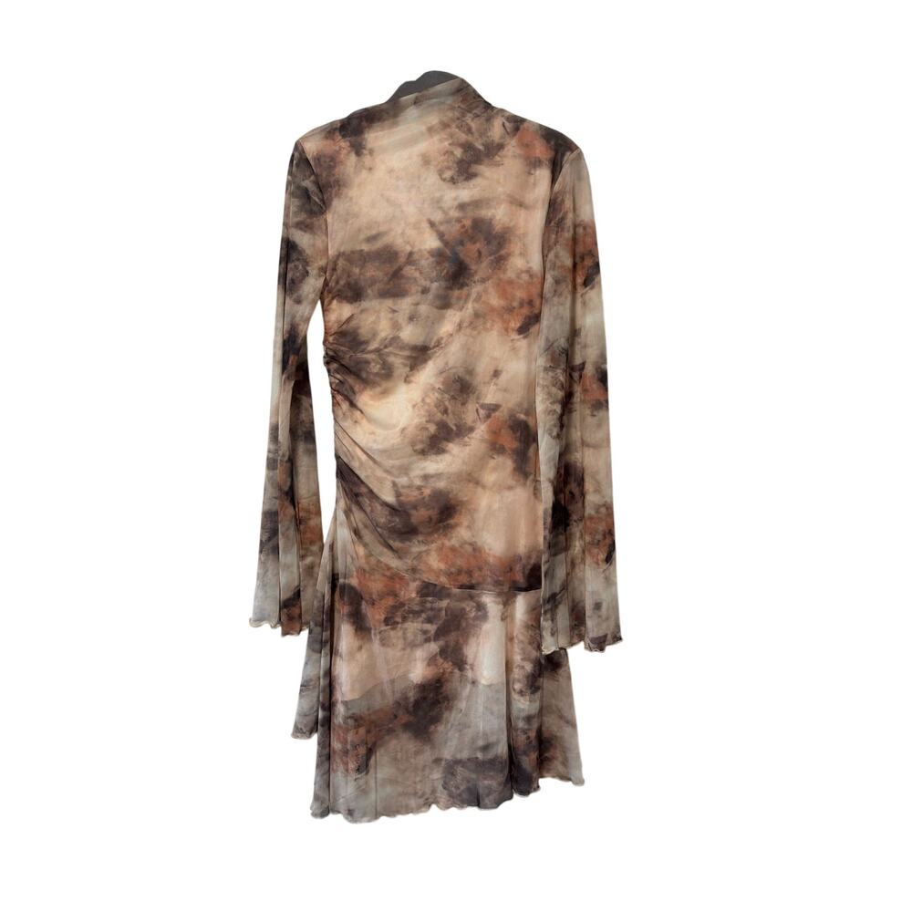 Commense Mesh Ruched Mini Dress Women’s M Brown Abstract Print Long Sleeve NWT - Picture 8 of 10